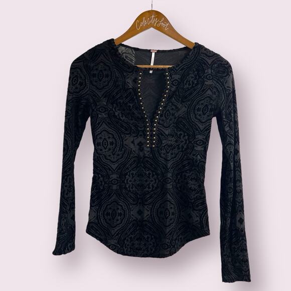 Free People Velvet Burnout City Limits Top Black XS Victorian Goth Sexy - Picture 1 of 8